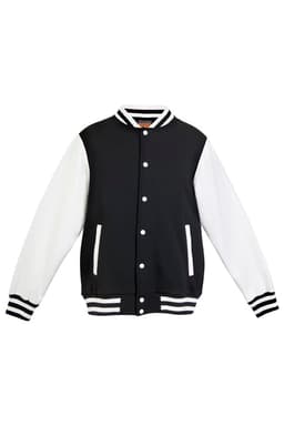 A black and white men's varsity jacket featuring contrasting sleeves and striped collar and cuffs.