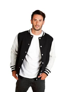 A men's varsity jacket in black with white sleeves, featuring a striped collar and a logo.