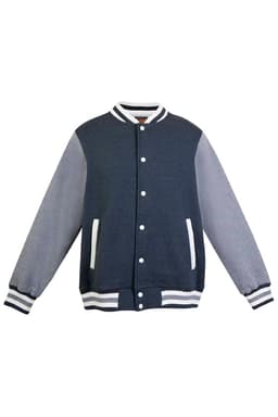 A navy and grey men's varsity jacket with a button-up front and striped ribbed cuffs. Features a logo on the chest.