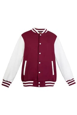 A maroon varsity jacket with white sleeves and striped bands on the cuffs. It features a logo on the chest.