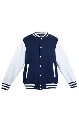 A navy and white men's varsity jacket featuring contrasting sleeves and a button-down front. It includes a logo on the chest.