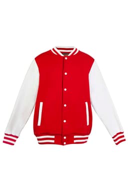 A red and white men's varsity jacket featuring a two-tone design and a button-up front.