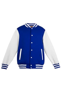 A blue and white men's varsity jacket with a button-up front and striped cuffs. It features a logo on one side.