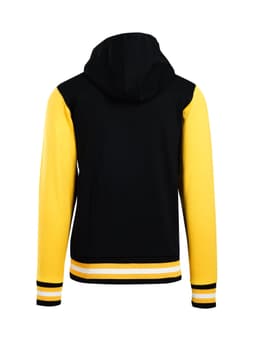 A men's varsity jacket in black and yellow, featuring a hood and striped cuffs, with a branding logo.