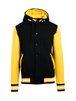 A black and yellow varsity jacket with a hood, featuring button fastenings and side pockets. It has a logo.