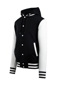 Men's varsity jacket and hood in black with white sleeves and striped cuffs. Features a hood and buttons.