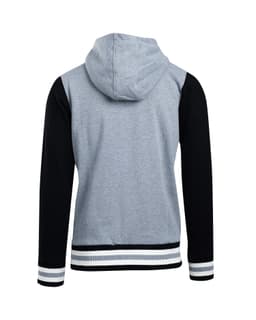 A grey and black men's varsity jacket with a hood, featuring striped cuffs and a logo.