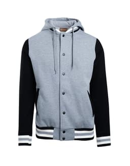 A grey varsity jacket with a hood, featuring black sleeves and striped cuffs. The jacket has a logo.