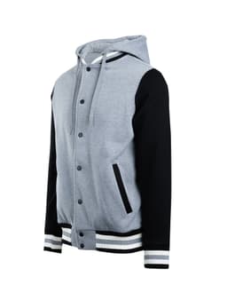 A grey and black men's varsity jacket with a hood, featuring a front button closure and striped cuffs.