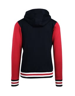 A men's varsity jacket with a navy body and red sleeves, featuring a hood and striped cuffs.