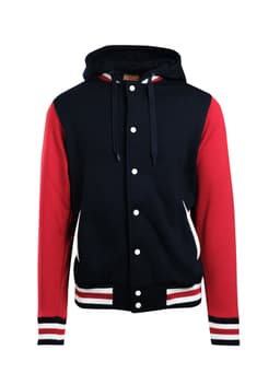 Men's varsity jacket featuring a navy body and red sleeves with a hood. It has a logo and contrasting striped cuffs.