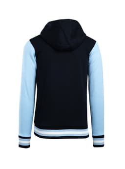 A men's varsity jacket in navy with light blue sleeves, featuring a hood and ribbed cuffs. There is a logo on the jacket.
