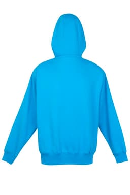 A bright blue men's brushed heavy zip fleece hoodie featuring a kangaroo pocket and a hood. It has a logo on the front.