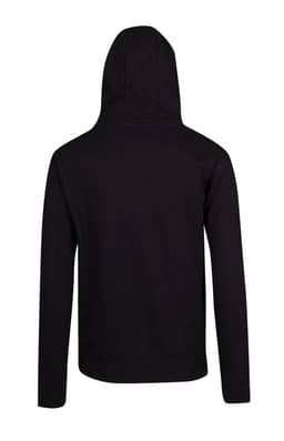 A black men's brushed heavy zip fleece hoodie with a hood and long sleeves, featuring a logo on the back.