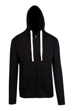 A black men's brushed heavy zip fleece hoodie with white drawstrings and a front pouch pocket.