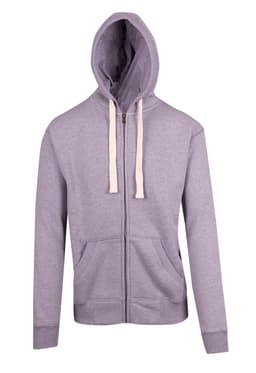 A grey brushed heavy zip fleece hoodie with a front zipper and two pockets, featuring a hood and contrasting drawstrings.