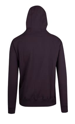 A black men's brushed heavy zip fleece hoodie with a hood and ribbed cuffs and hem. Features a logo on the back.