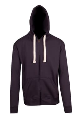 A men's brushed heavy zip fleece hoodie in dark grey with a hood and contrasting drawstrings.