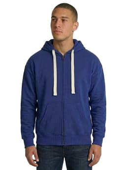 A navy blue and burgundy zip fleece hoodie with a hood, featuring pockets and a logo on the front.