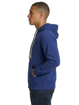 A black men's brushed heavy zip fleece hoodie with a front zip and drawstring hood, featuring a logo.