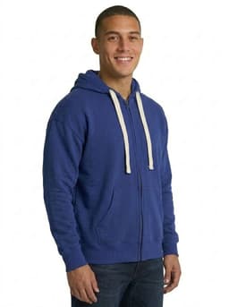 A black men's fleece hoodie with a zip, featuring a hood and a back view of a model wearing it.