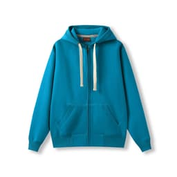 A blue men's brushed heavy zip fleece hoodie with a front pocket and a contrasting hood drawstring.