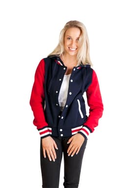 A women's varsity jacket with a navy body and red sleeves, featuring a hood and contrasting striped cuffs.