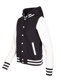 A women's varsity jacket and hood in black and white, featuring a logo and striped cuffs.