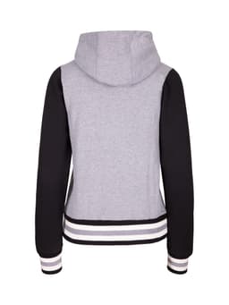 A women's varsity jacket with a grey body and black sleeves, featuring a hood and striped ribbed hem.