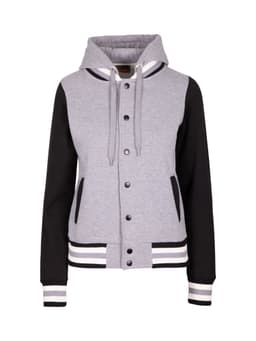 A women's varsity jacket in grey with black sleeves and a hood, featuring buttons and side pockets.