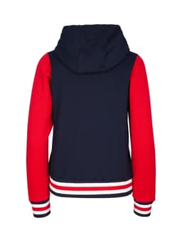 A women's varsity jacket featuring a navy body, red sleeves, and a hood, with a striped ribbed hem.