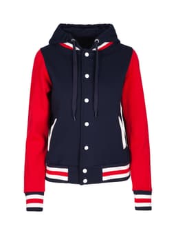 A women's varsity jacket in navy and red, featuring a hood, striped cuffs, and a branded logo.
