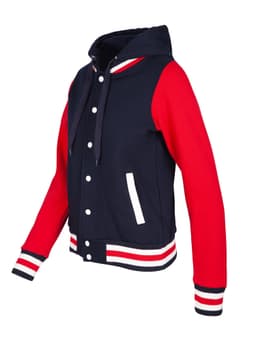 A women's varsity jacket with a navy body, red sleeves, and striped cuffs, featuring a hood and a logo.