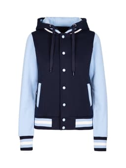A women's varsity jacket in navy and light blue, featuring a hood, buttons, and striped cuffs.