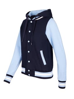 A women's varsity jacket in navy blue and light blue, featuring a hood and striped ribbed details.