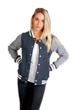 A women's varsity jacket in navy blue and grey, featuring a contrasting sleeve design and a logo.