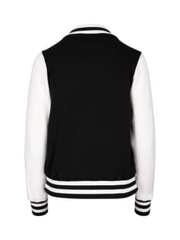 A black and white women's varsity jacket with a striped ribbed collar and cuffs, featuring a logo on the back.