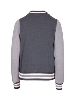 A grey and light grey women’s junior varsity jacket with contrasting ribbed cuffs, collar, and waistband, featuring a logo.