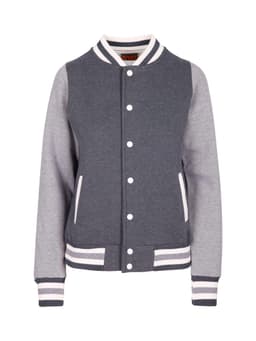 A grey women's junior varsity jacket featuring contrast sleeves and a ribbed hem with a logo.
