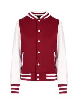 A women's junior varsity jacket in burgundy and white, featuring a sporty design and striped ribbing.