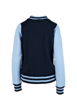 A women's junior varsity jacket featuring a navy body and light blue sleeves, with ribbed cuffs and collar.