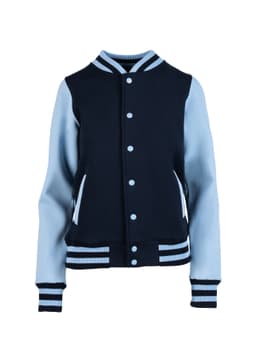 A navy and light blue varsity jacket featuring a logo and striped detailing on the cuffs and hem.
