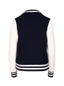 A women's junior varsity jacket in navy blue with white sleeves and striped ribbing on the collar and cuffs.