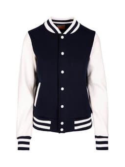 A navy and white women's varsity jacket featuring contrasting sleeves and a button-up front. It has a logo on the chest.