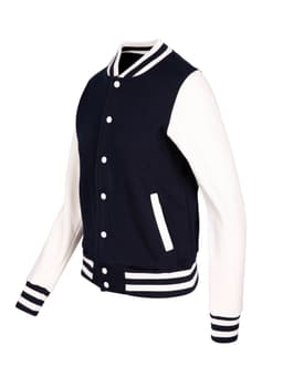 A navy blue and white women's varsity jacket with a button-up front and striped cuffs. Features a logo on the chest.