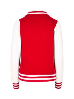 A red and white women's junior varsity jacket featuring a ribbed collar and cuffs, with a logo on the back.