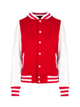 A red and white junior varsity jacket featuring a button-up front and striped cuffs. It includes a logo on the chest.