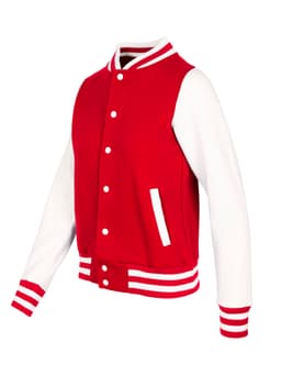 A red and white women's junior varsity jacket featuring a button-up front and striped cuffs.