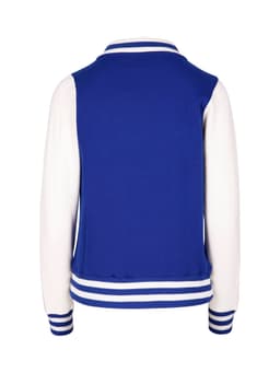 A varsity jacket in blue with white sleeves and striped ribbing at the collar and cuffs. It features a logo.