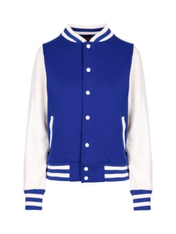 A blue and white varsity jacket with a button-up front and striped collar and cuffs. It features a logo.